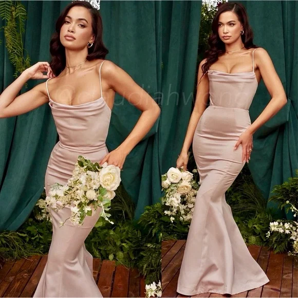 HOUSE OF CB Violette Mushroom Satin Fishtail Gown - Picture 1 of 11